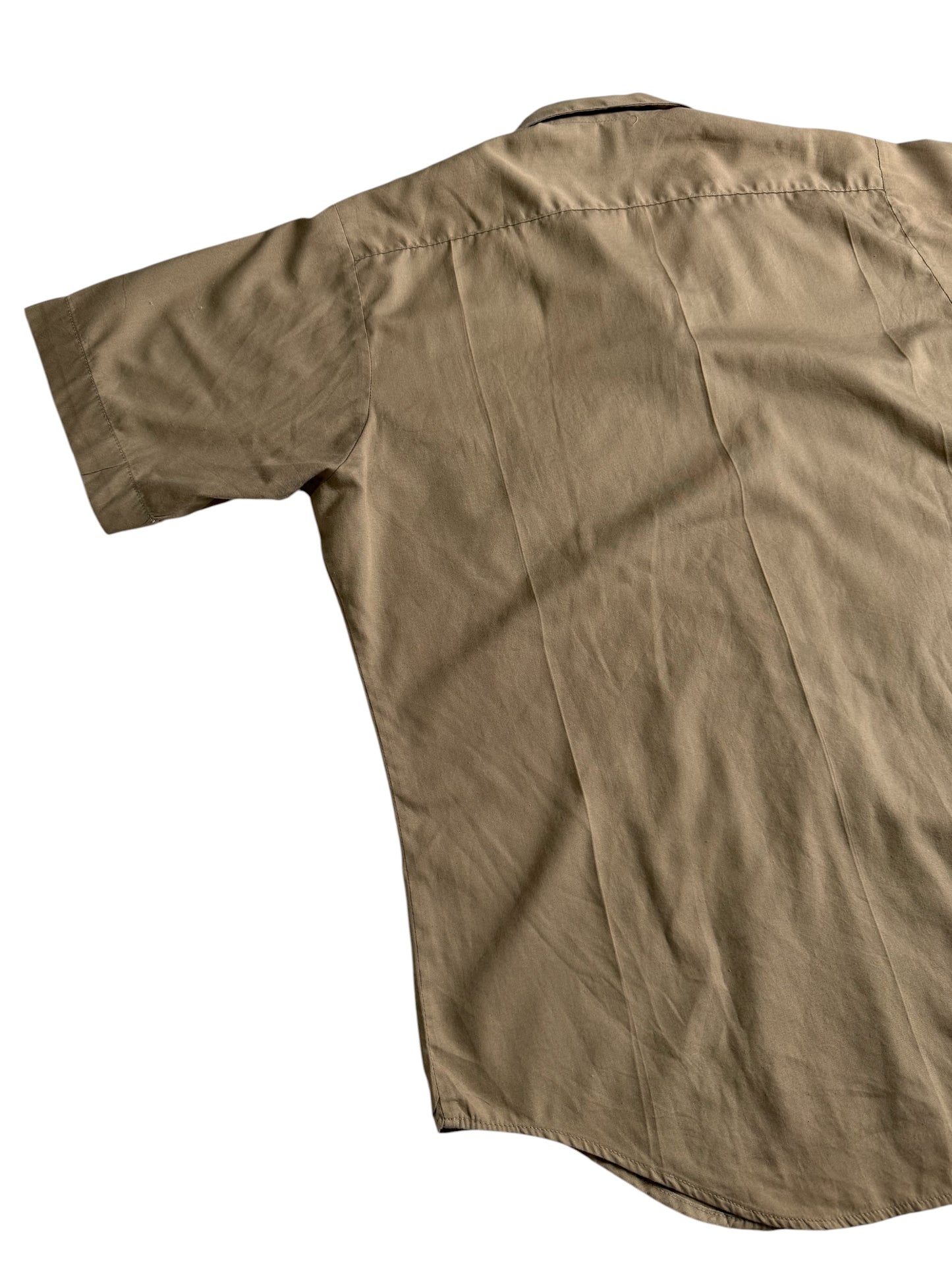 Vintage Beige Short Sleeve Utility Work Shirt Open Collar Button Up