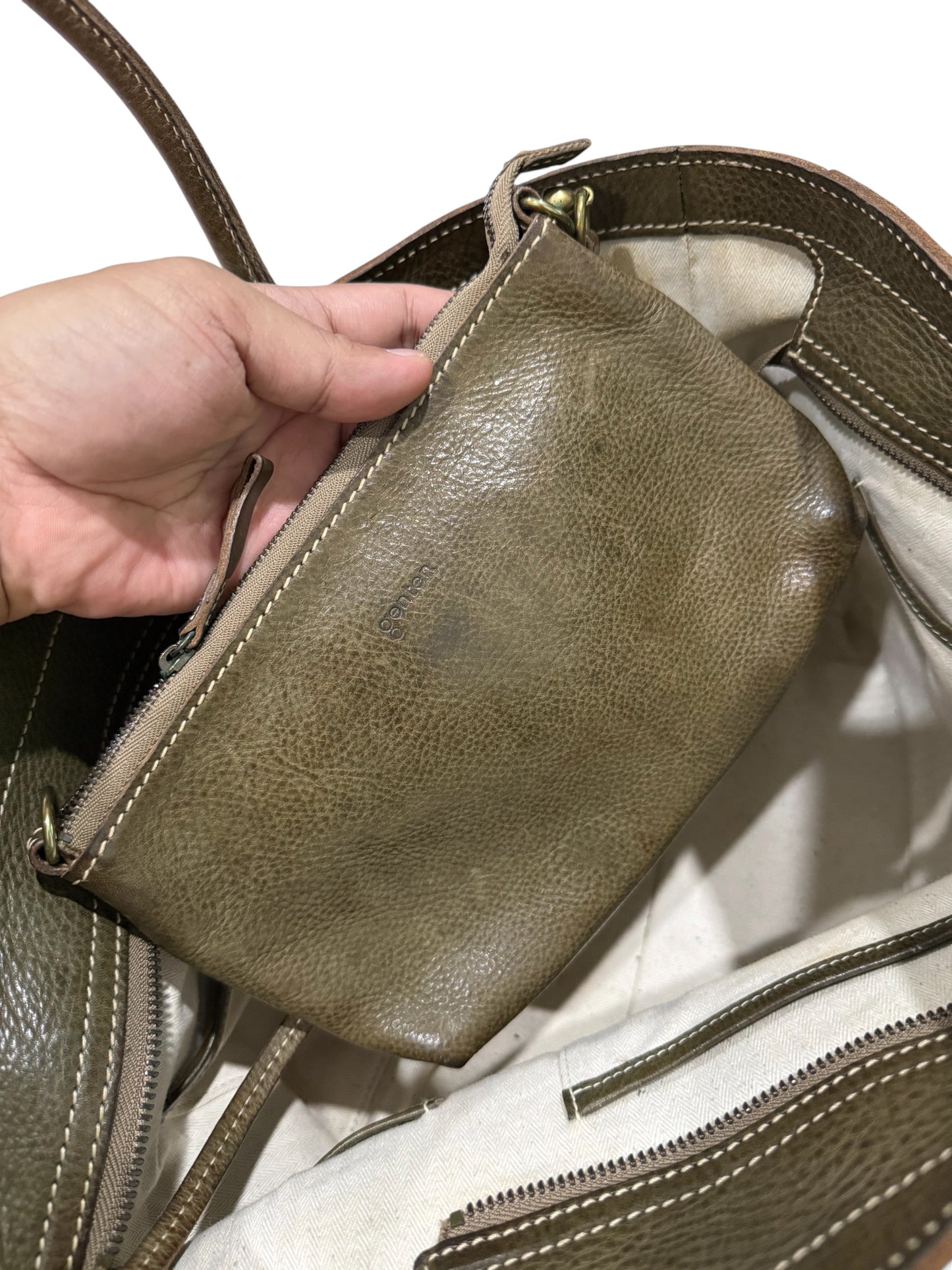 Genten Handcrafted Leather Tote Bag Charm Removable Pouch Japanese Tool Bag