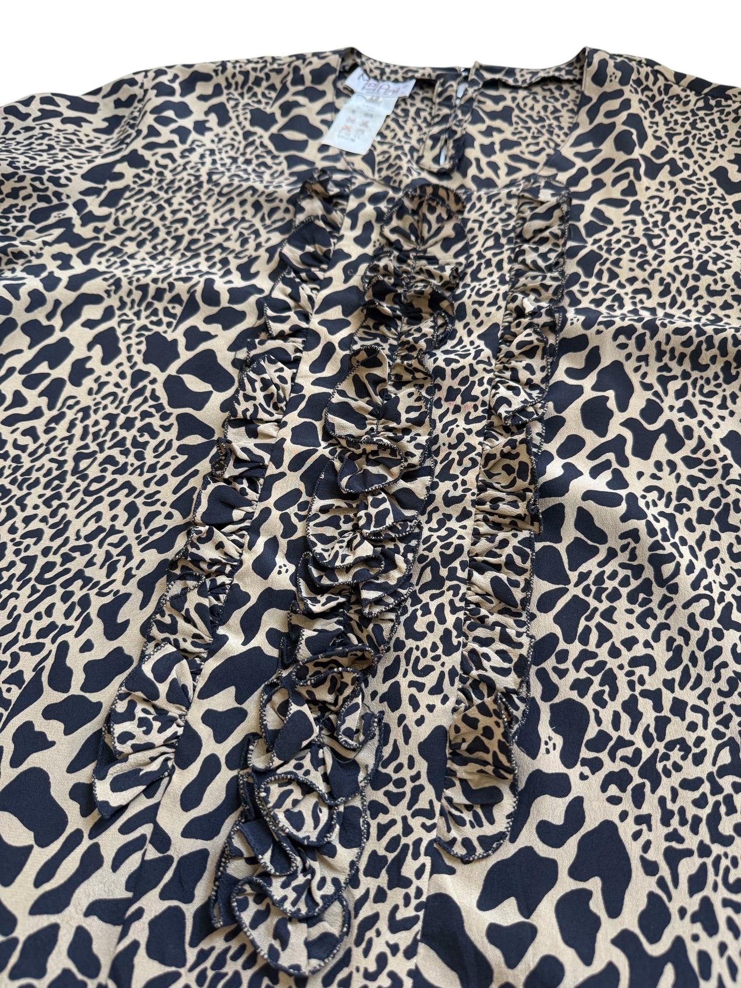 Vintage Mata Hari Leopard Silk Wool Ruffle Blouse Made In Italy