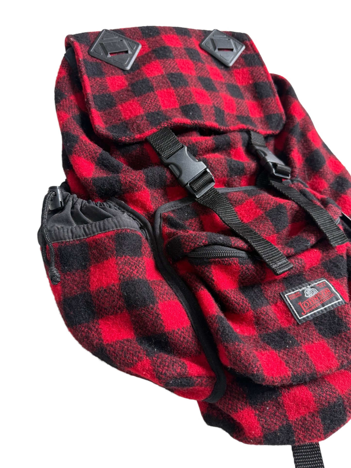 Vintage Johnson Woolen Mills Buffalo Plaid Wool Backpack Made in USA