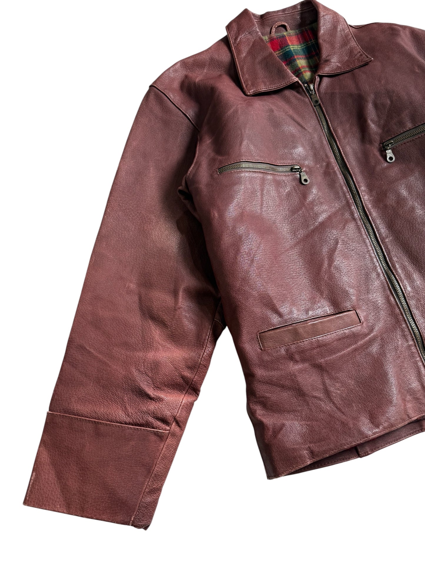 Vintage 80s 90s Mac Douglas Leather Jacket Plaid Lined Side Cinch Maroon Brown
