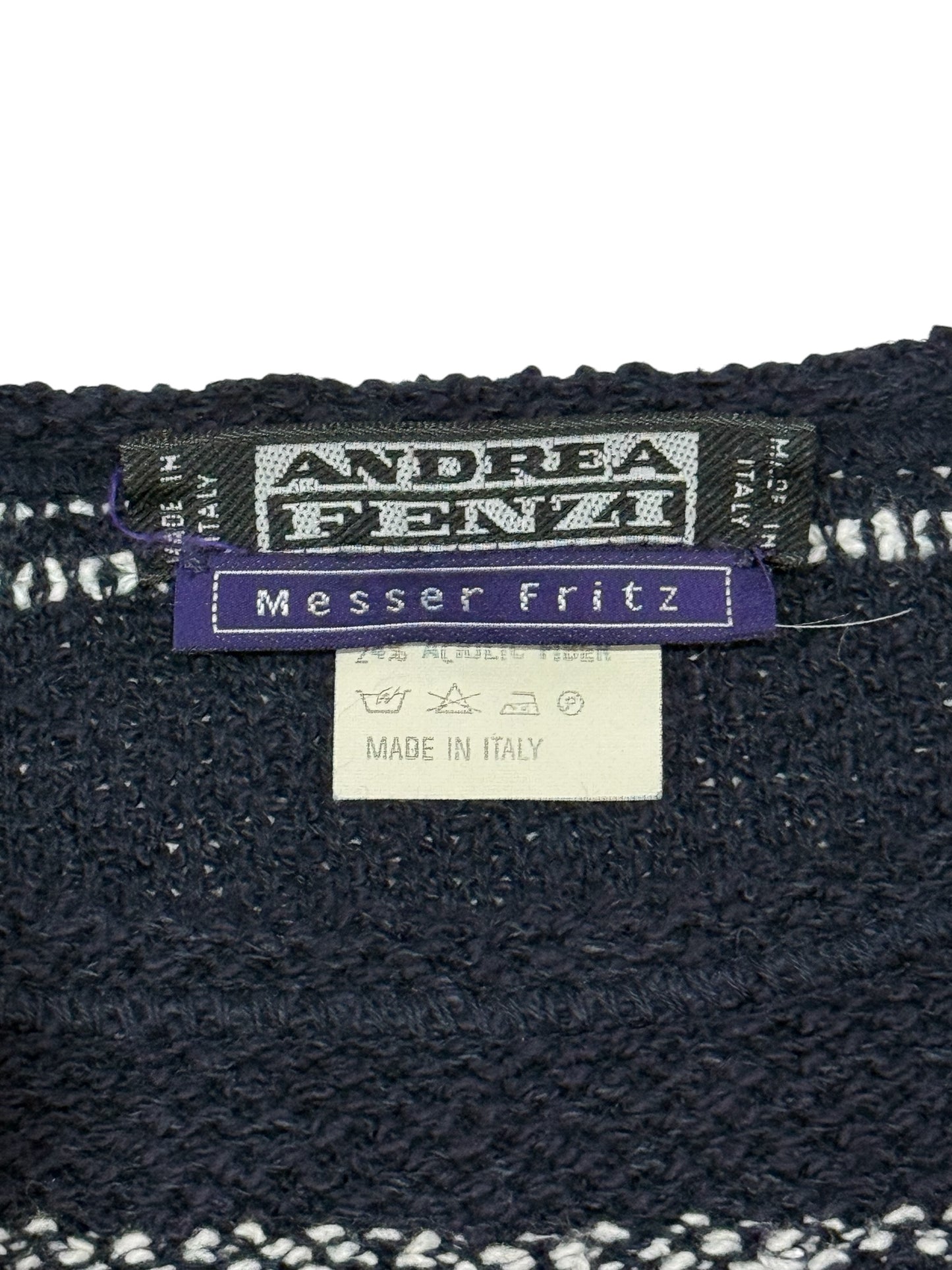 Vintage Andrea Fenzi Messer Fritz Striped Sweater Knit Button Shoulder Pocket Italy