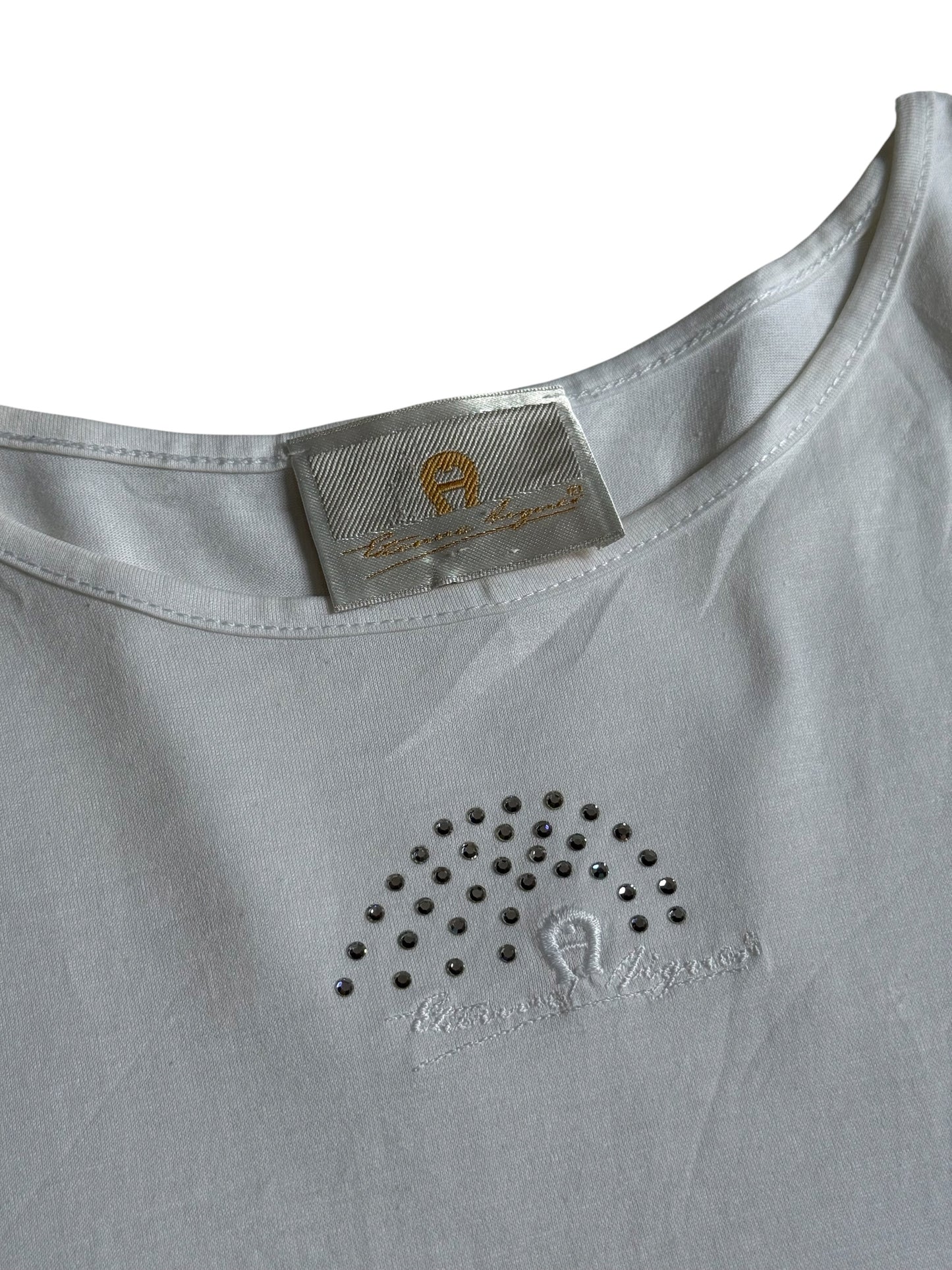 Vintage Aigner Sport White Rhinestone Logo Tshirt Made in Italy