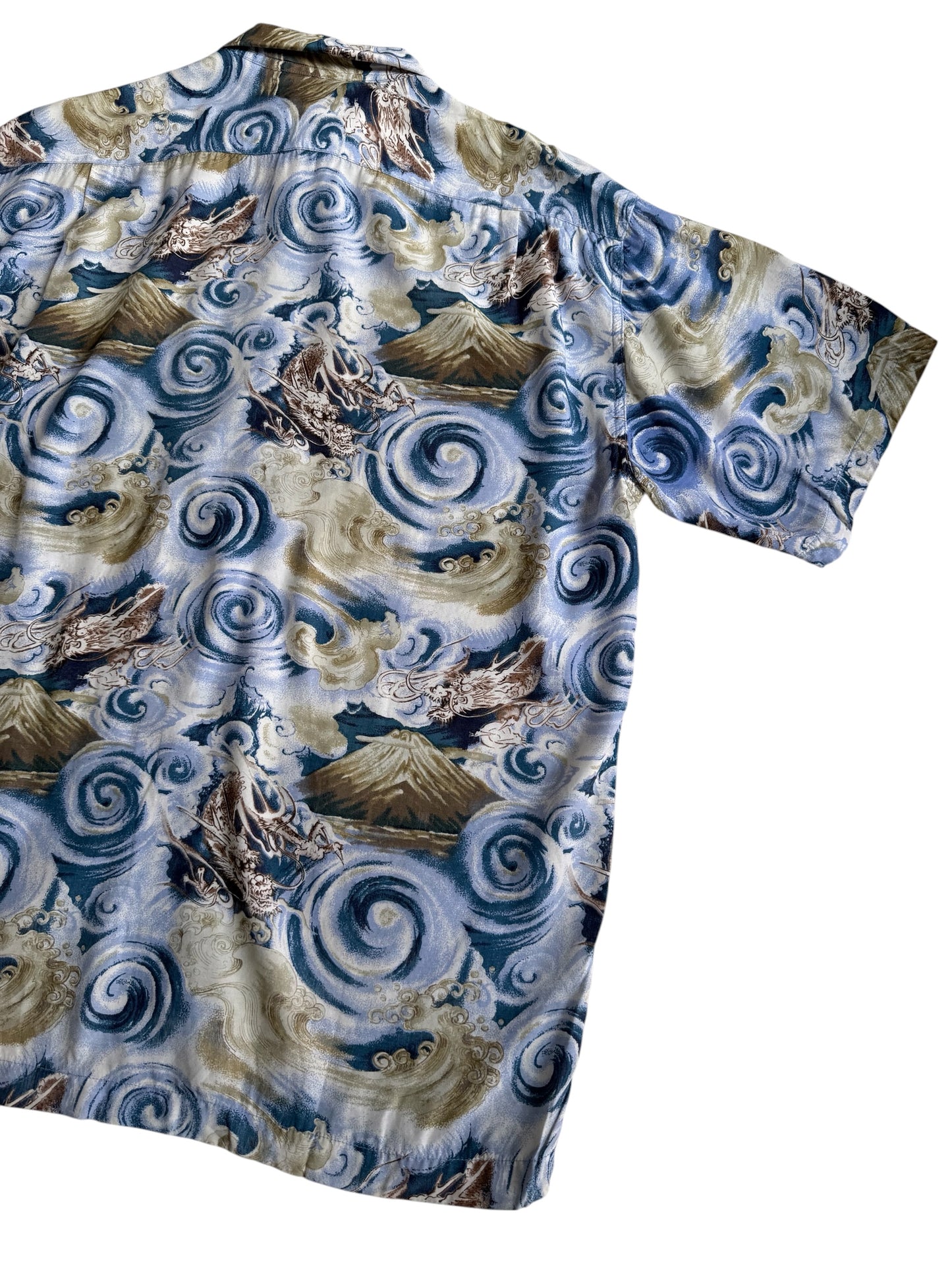 Vintage HinaHina Hawaiian Rayon Aloha Shirt Dragon Mount Fuji Wave Print