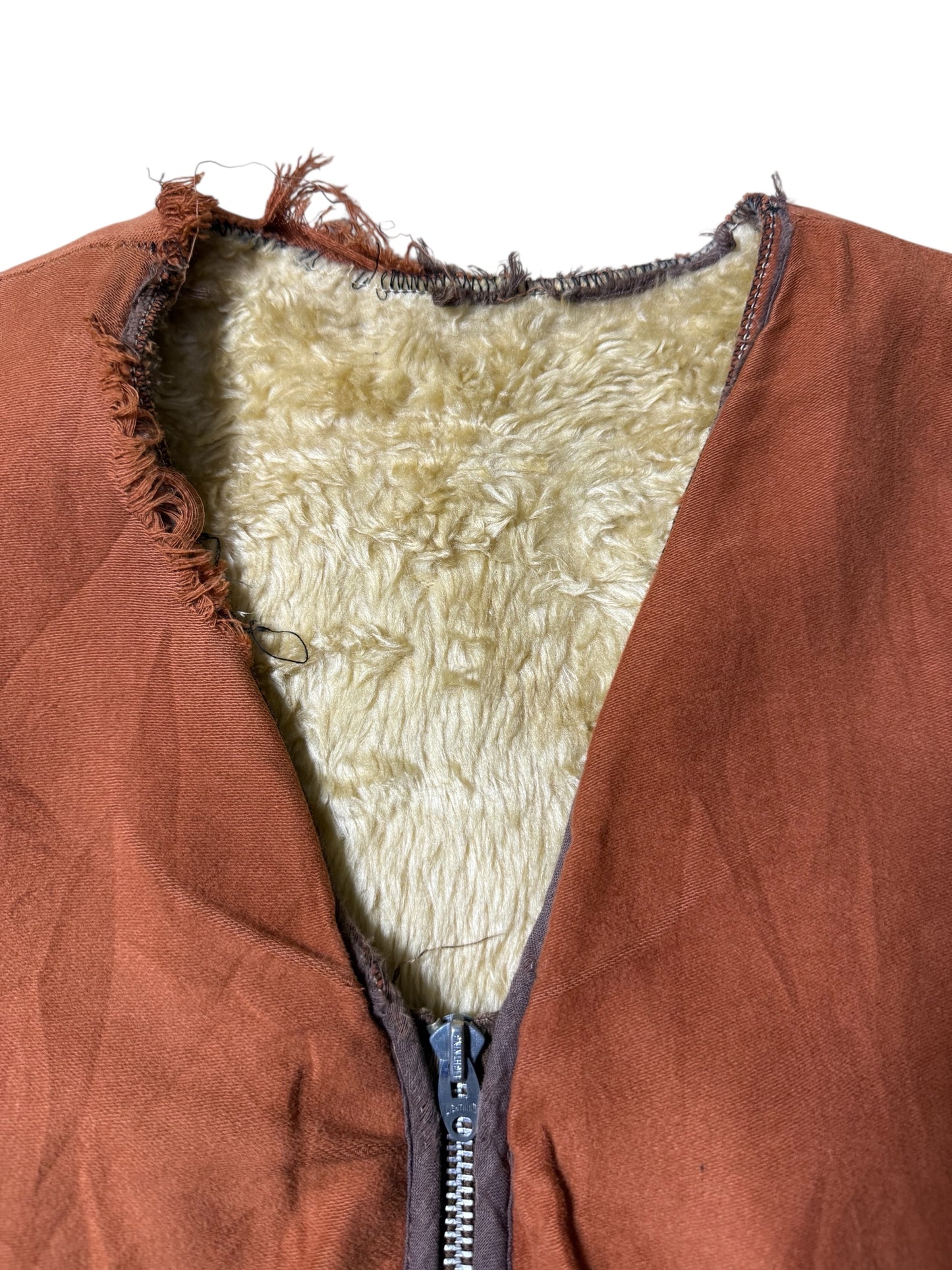 Vintage Shearling Lined Workwear Vest 1950s 1960s Brown Zip Front