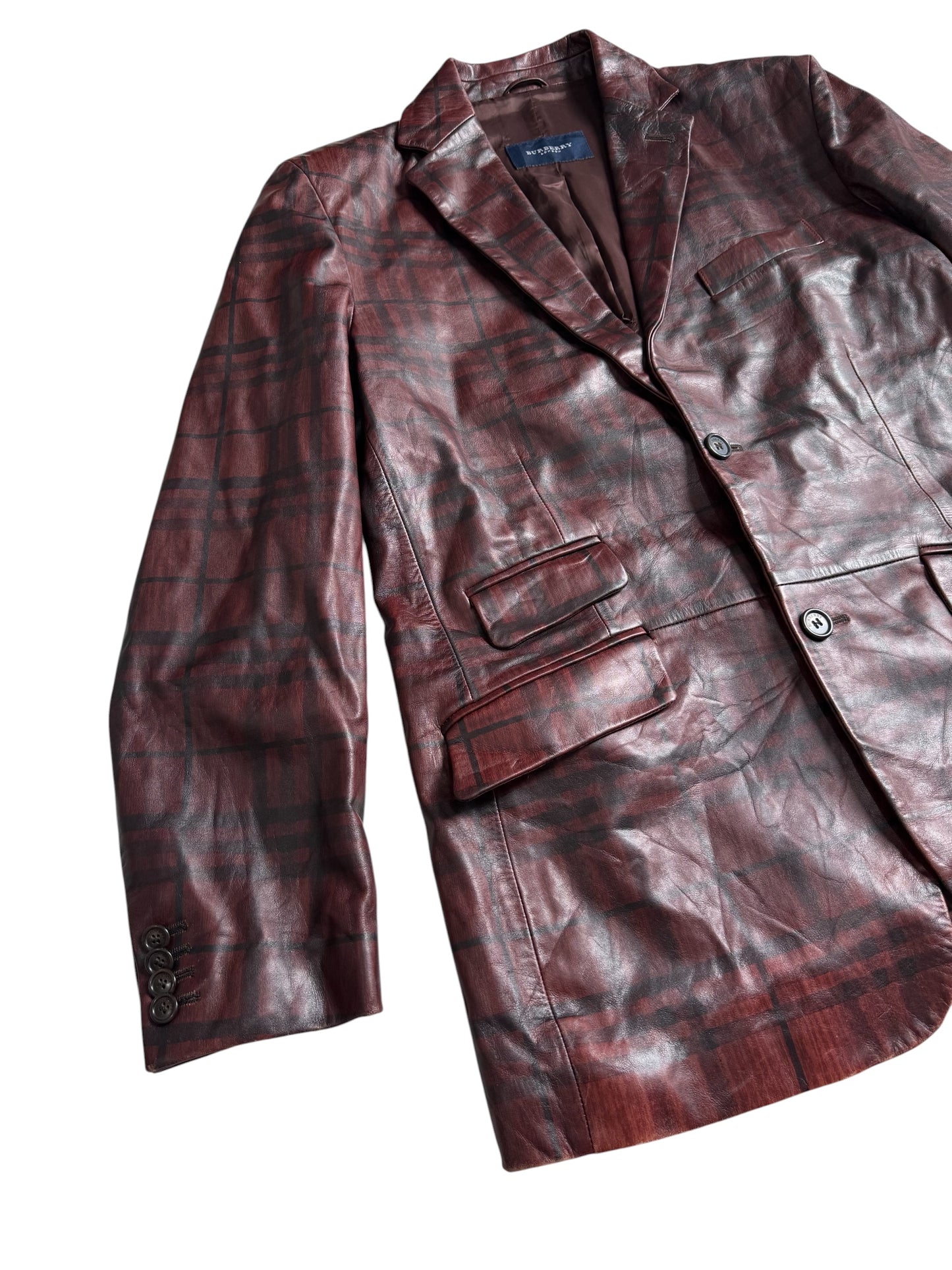 Burberry Leather Plaid Nova Check Blazer Jacket Made In Italy