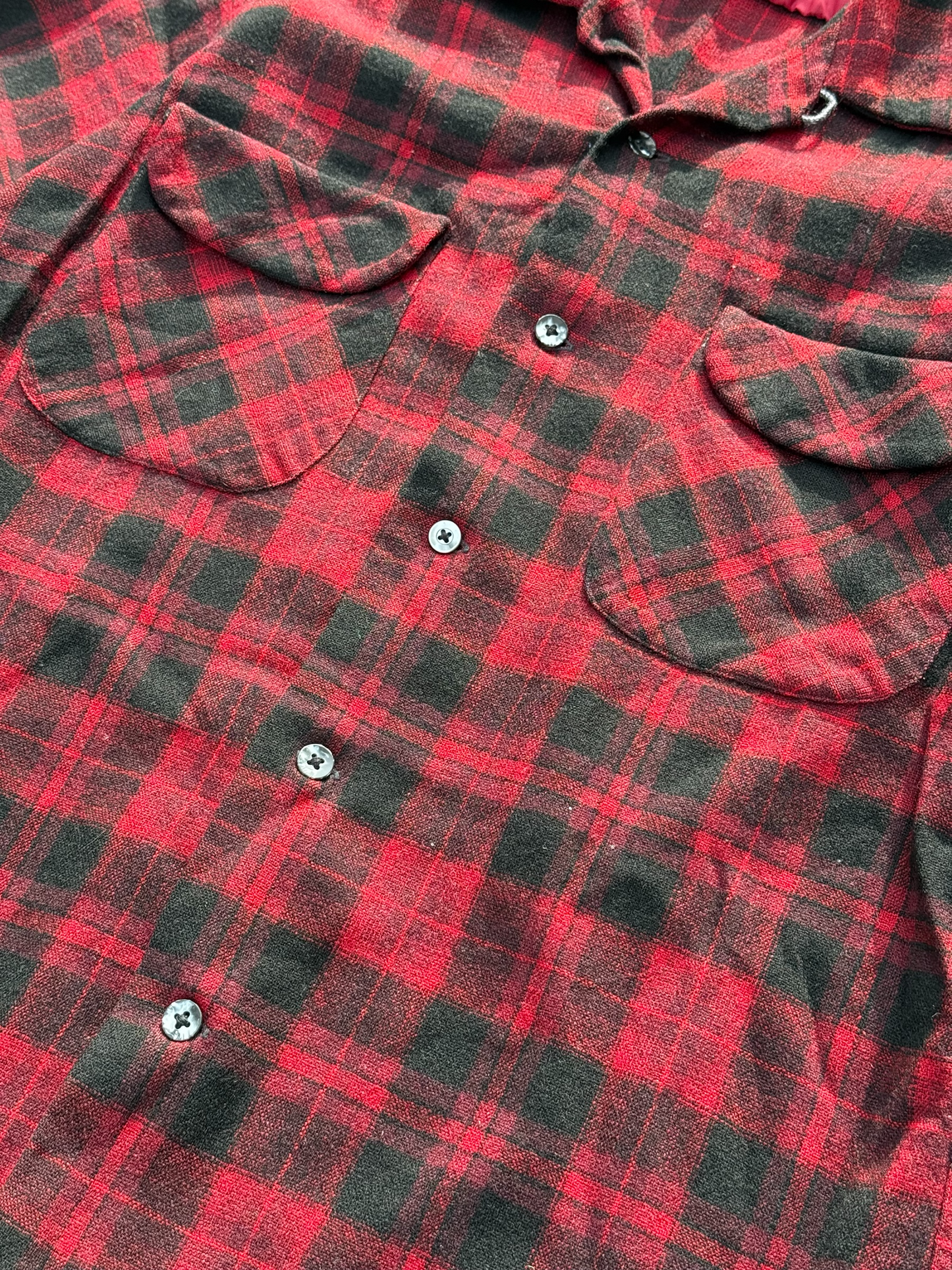 Vintage 1960s–70s Pendleton Red Black Plaid Virgin Wool Loop Collar Shirt Jacket USA