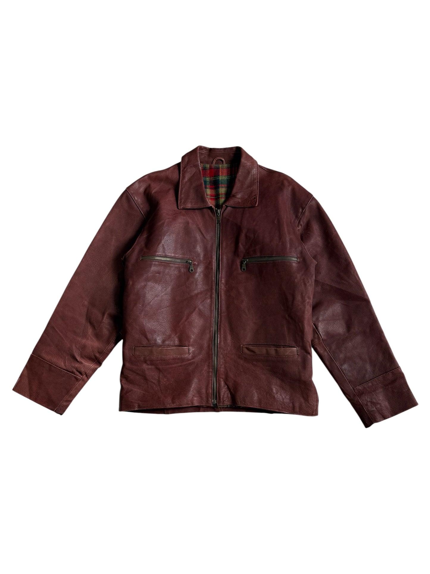 Vintage 80s 90s Mac Douglas Leather Jacket Plaid Lined Side Cinch Maroon Brown