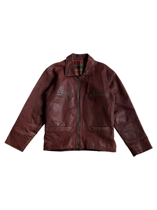 Vintage 80s 90s Mac Douglas Leather Jacket Plaid Lined Side Cinch Maroon Brown