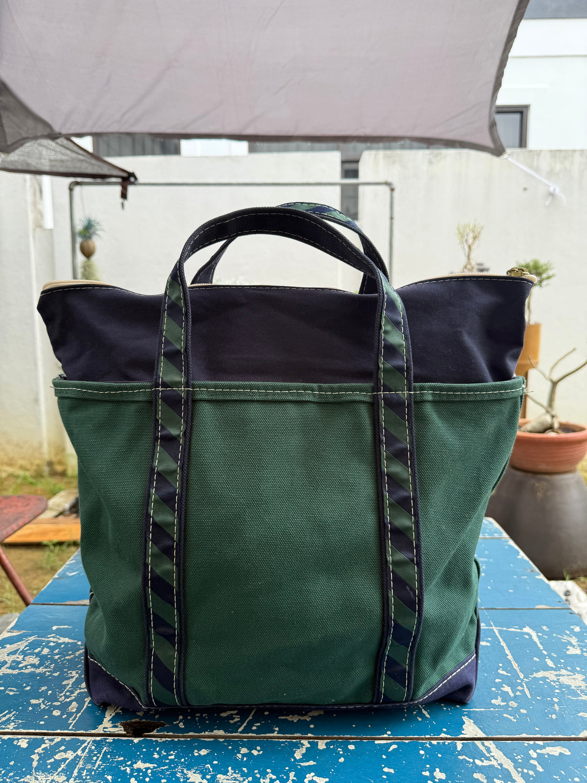 Vintage LL Bean Boat and Tote Zip Top Canvas Bag Dark Green Navy Trim