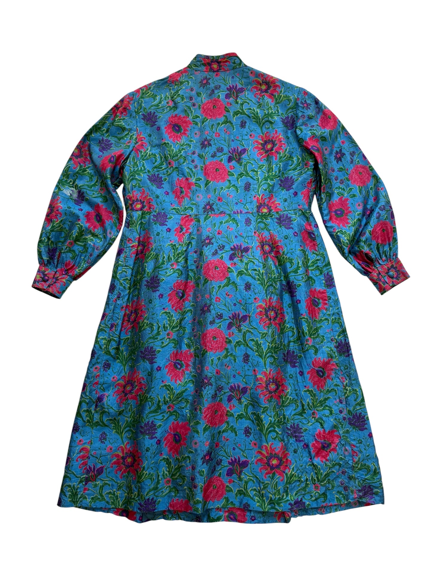 Vintage 1960s James Chen Hong Kong Blue Floral Mock Neck Midi Dress