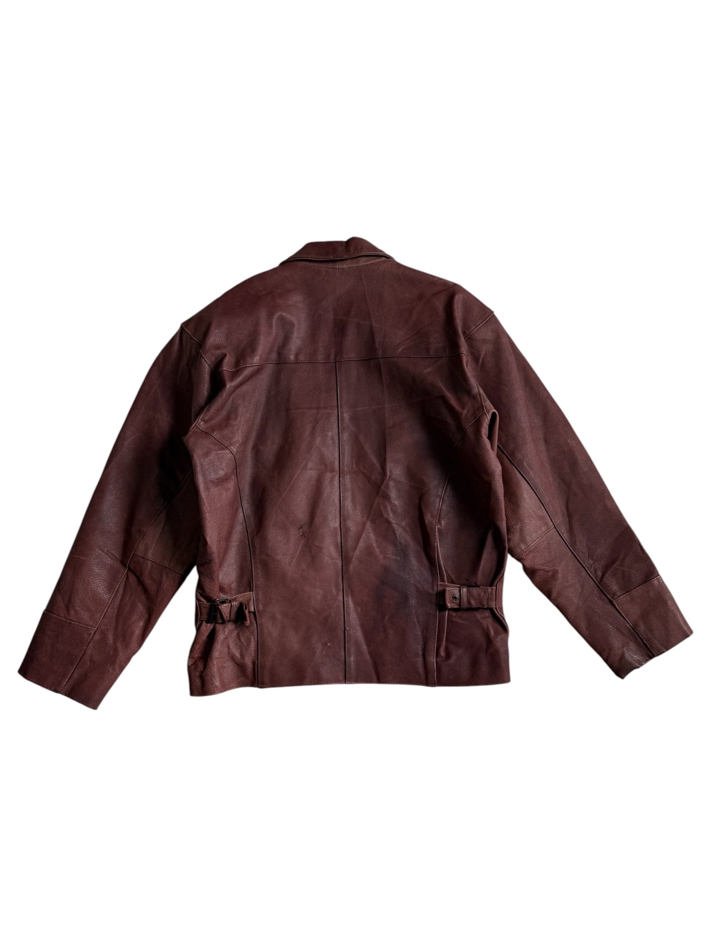 Vintage 80s 90s Mac Douglas Leather Jacket Plaid Lined Side Cinch Maroon Brown