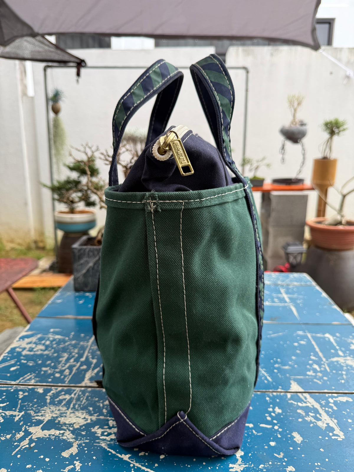 Vintage LL Bean Boat and Tote Zip Top Canvas Bag Dark Green Navy Trim