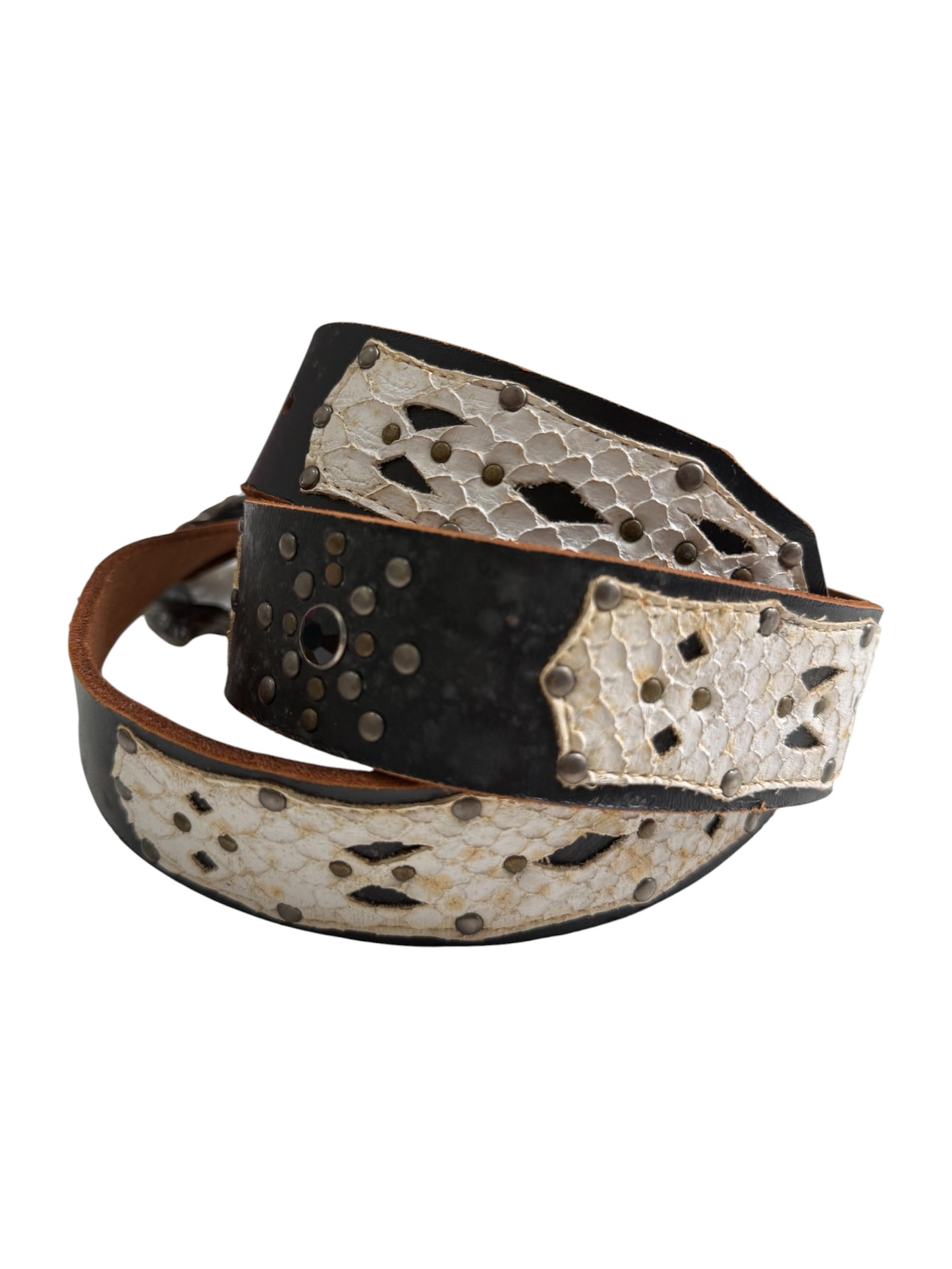 Vintage Designer Leather Belt Snake Buckle Exotic Embossed Leather Studded Gothic