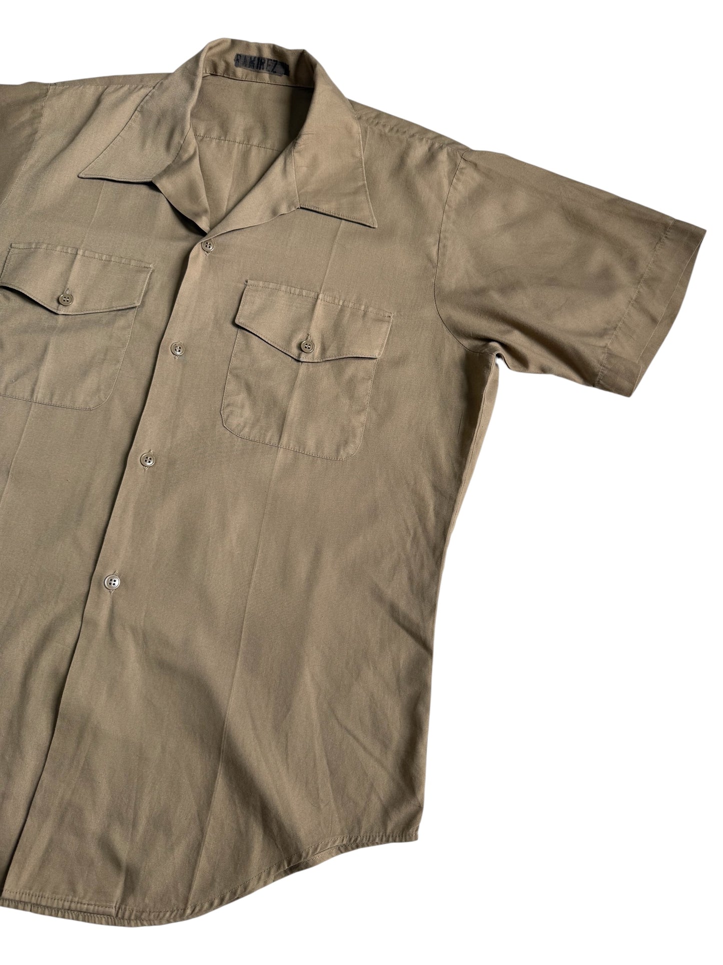 Vintage Beige Short Sleeve Utility Work Shirt Open Collar Button Up