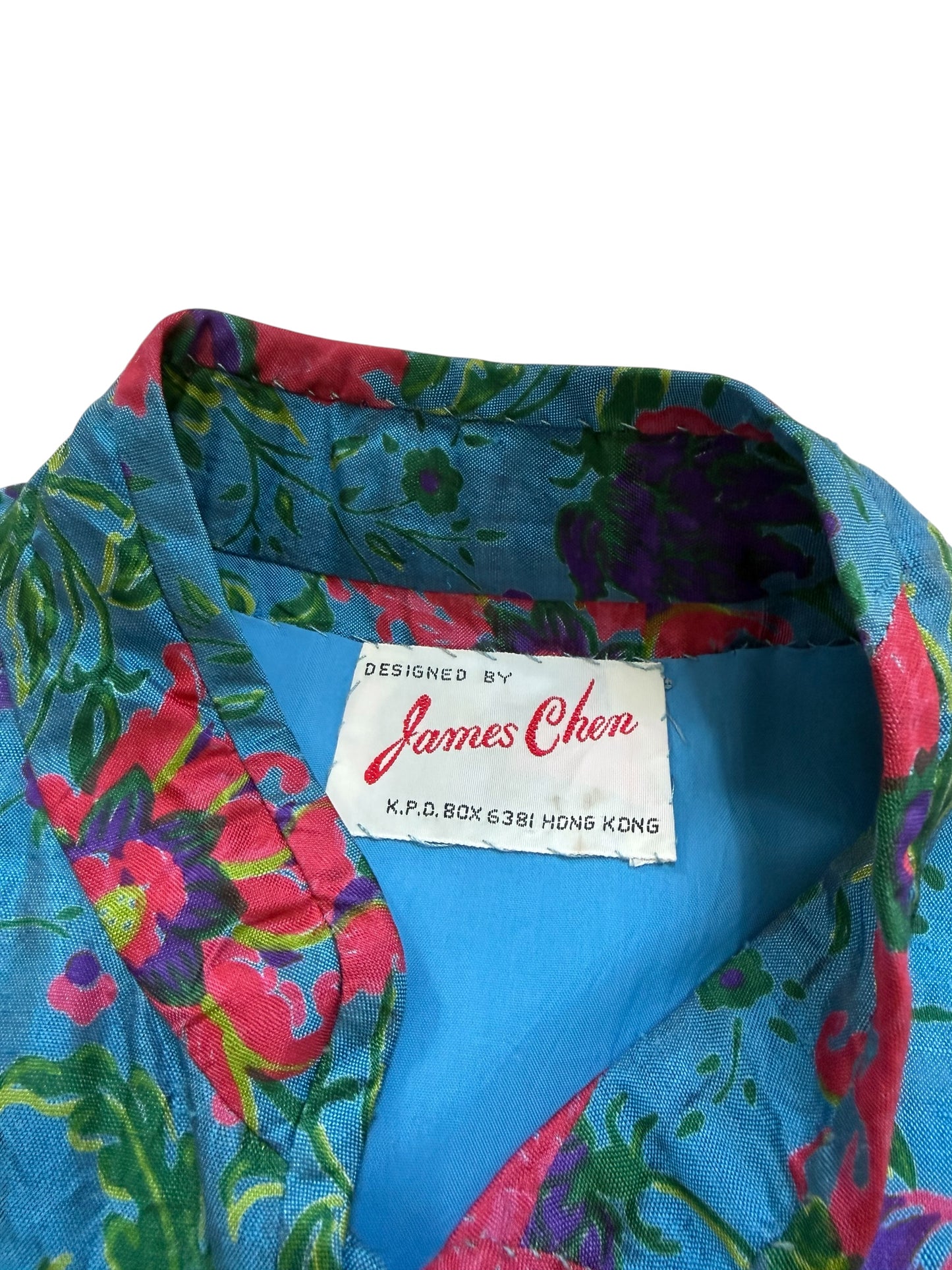 Vintage 1960s James Chen Hong Kong Blue Floral Mock Neck Midi Dress