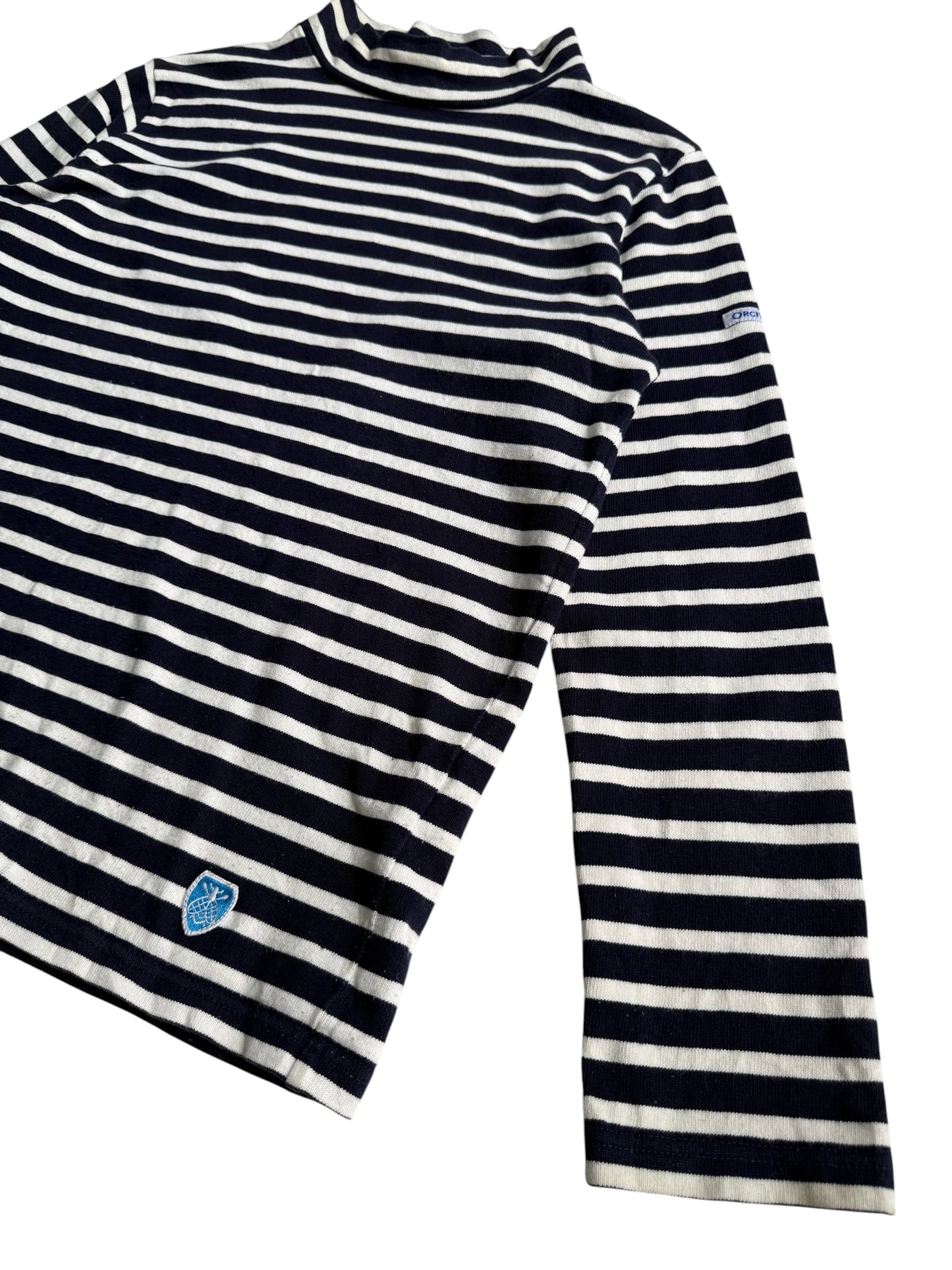 Orcival France Navy White Striped Mock Neck Breton Shirt
