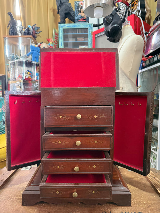 Vintage Hand Carved Wooden Jewelry Cabinet Brass Inlay Velvet Lined Chest