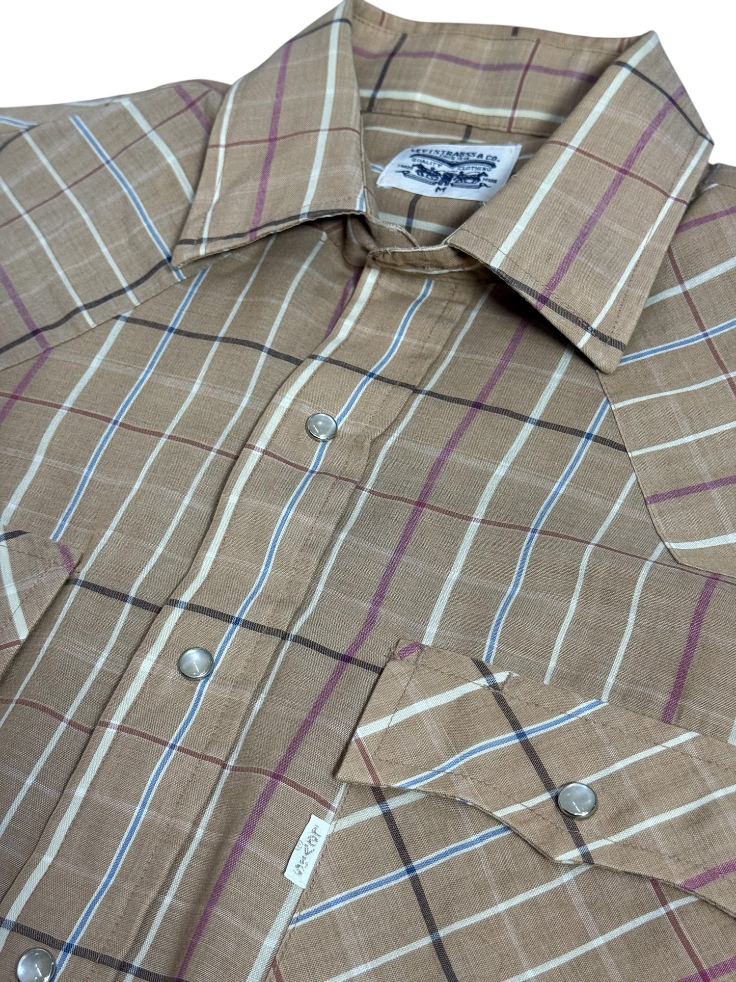 Vintage 1970s-80s Levis Plaid Western Shirt Tan Pearl Snap