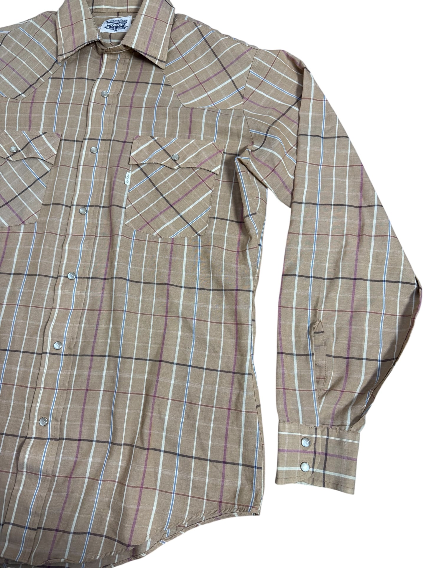Vintage 1970s-80s Levis Plaid Western Shirt Tan Pearl Snap