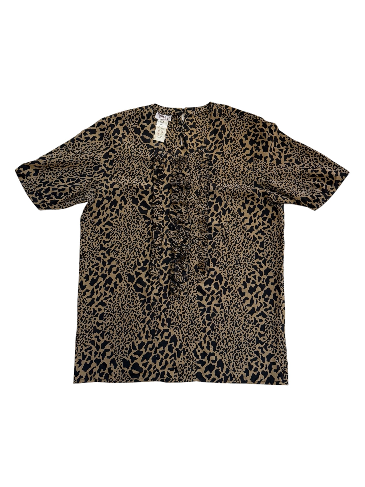 Vintage Mata Hari Leopard Silk Wool Ruffle Blouse Made In Italy