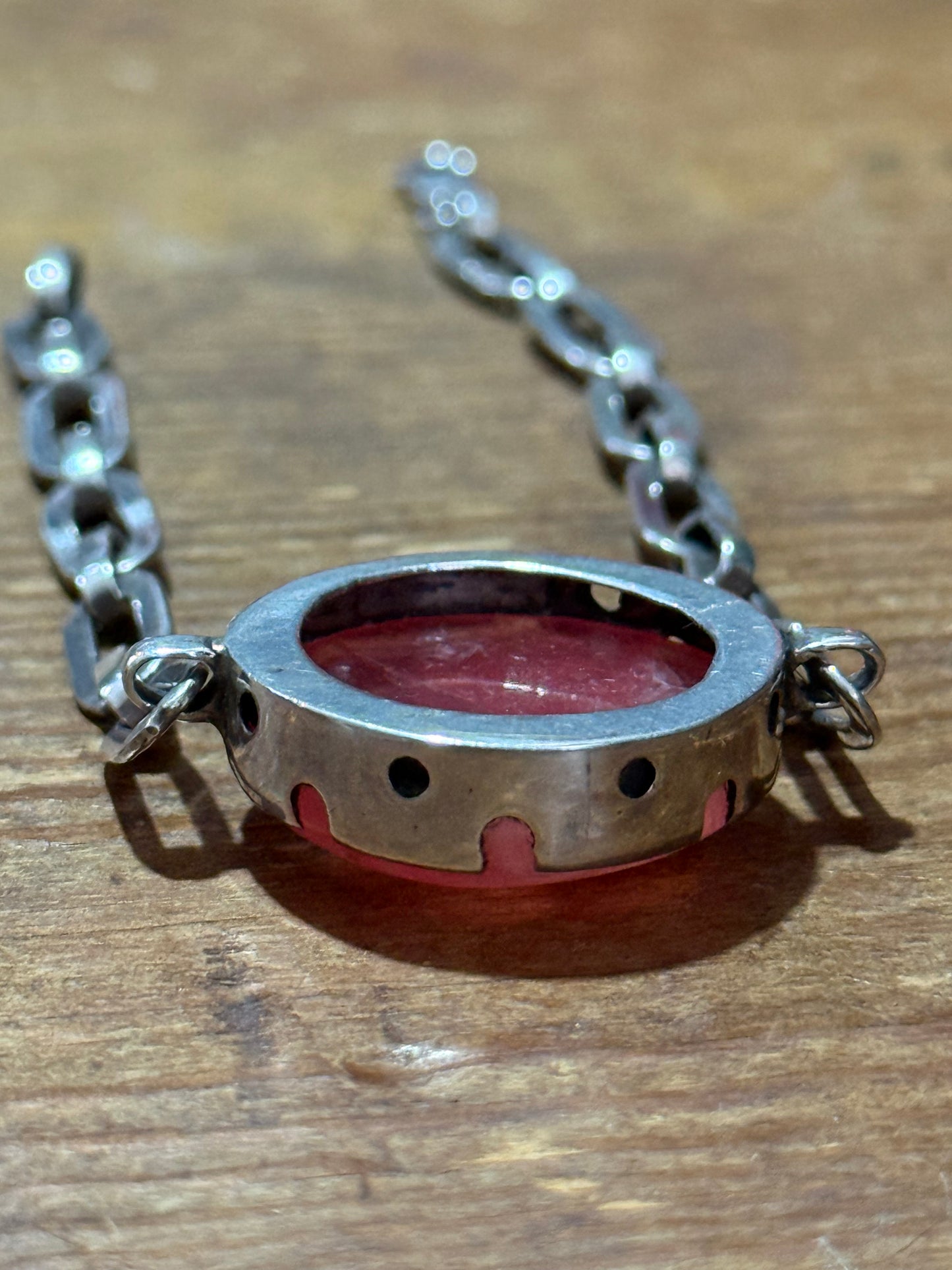 Vintage Red Stone Bracelet Sterling Silver Chain Link