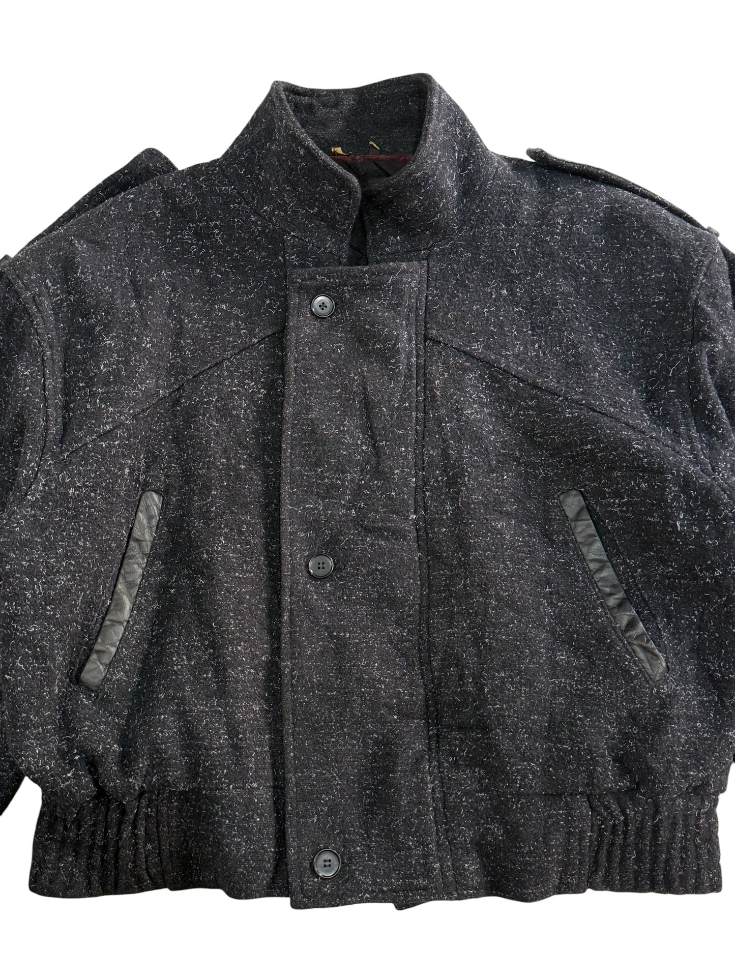 Vintage 80s Tweed Flight Bomber Jacket Salt & Pepper Men Zip Button Epaulets