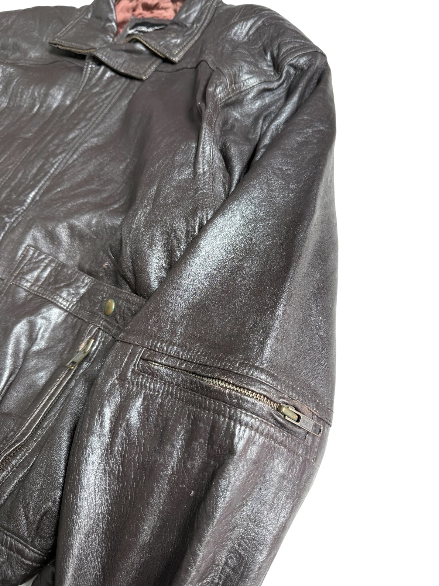 Vintage Three Gold Japan Dark Brown Leather Bomber Jacket