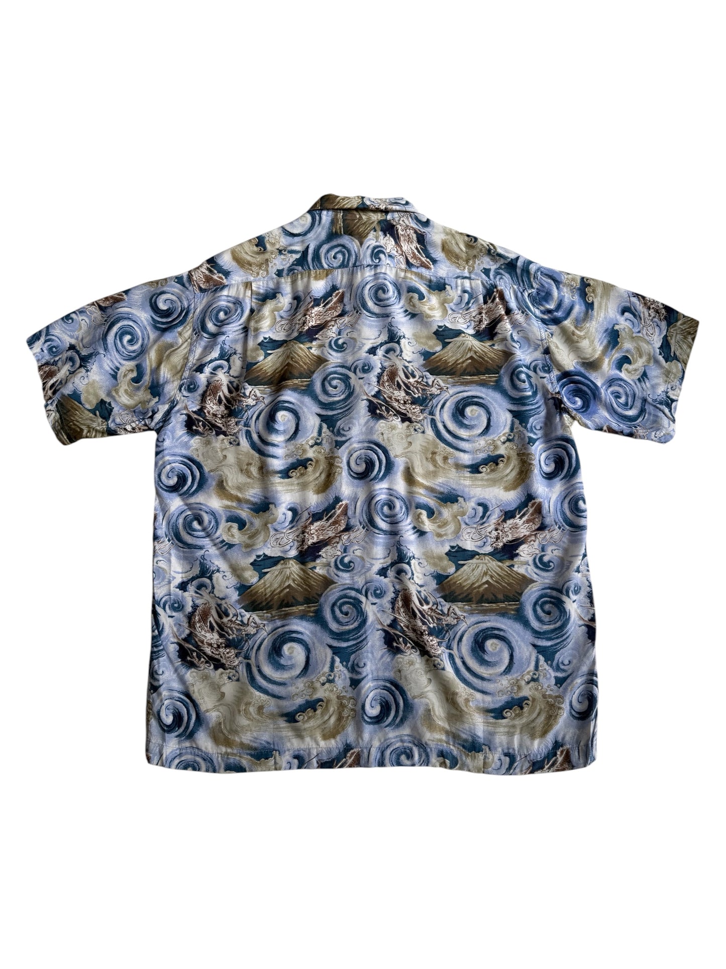 Vintage HinaHina Hawaiian Rayon Aloha Shirt Dragon Mount Fuji Wave Print