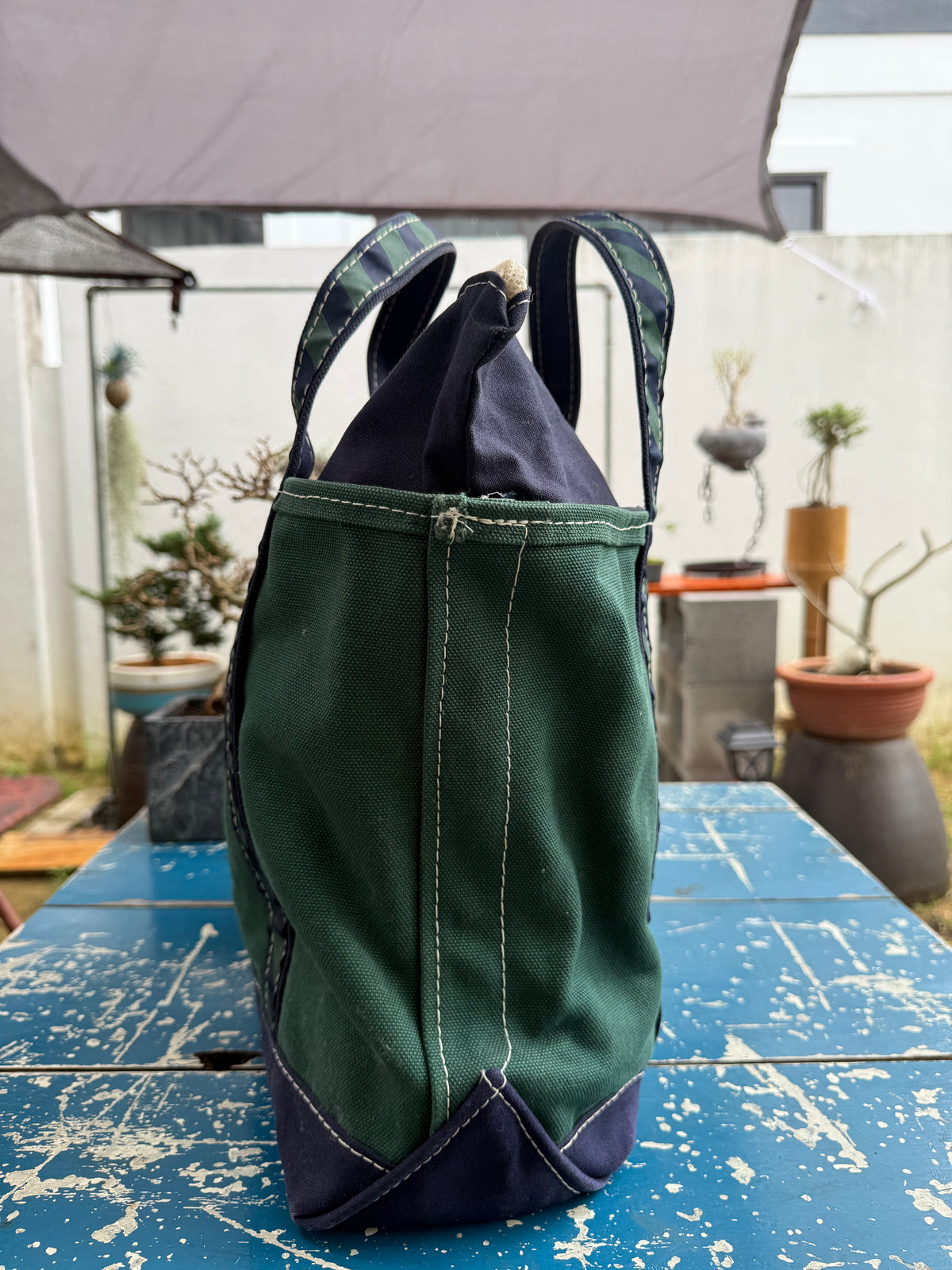 Vintage LL Bean Boat and Tote Zip Top Canvas Bag Dark Green Navy Trim