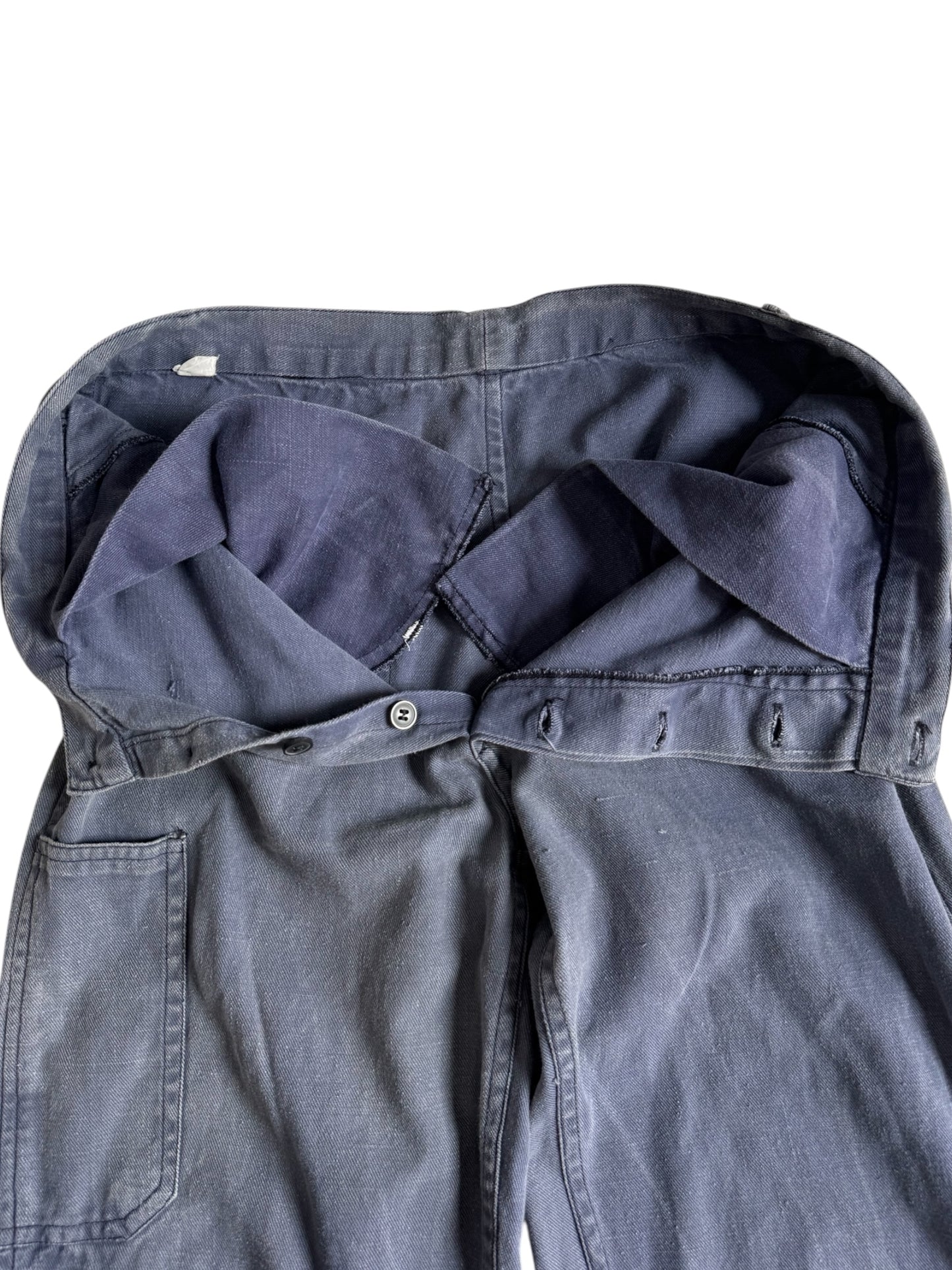 Vintage 1960s-70s French Dry Cotton Twill Work Pants Blue Utility Trousers