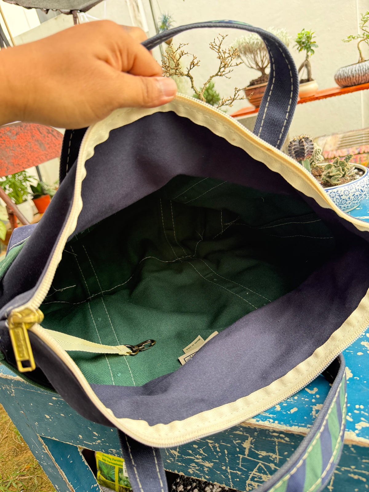 Vintage LL Bean Boat and Tote Zip Top Canvas Bag Dark Green Navy Trim