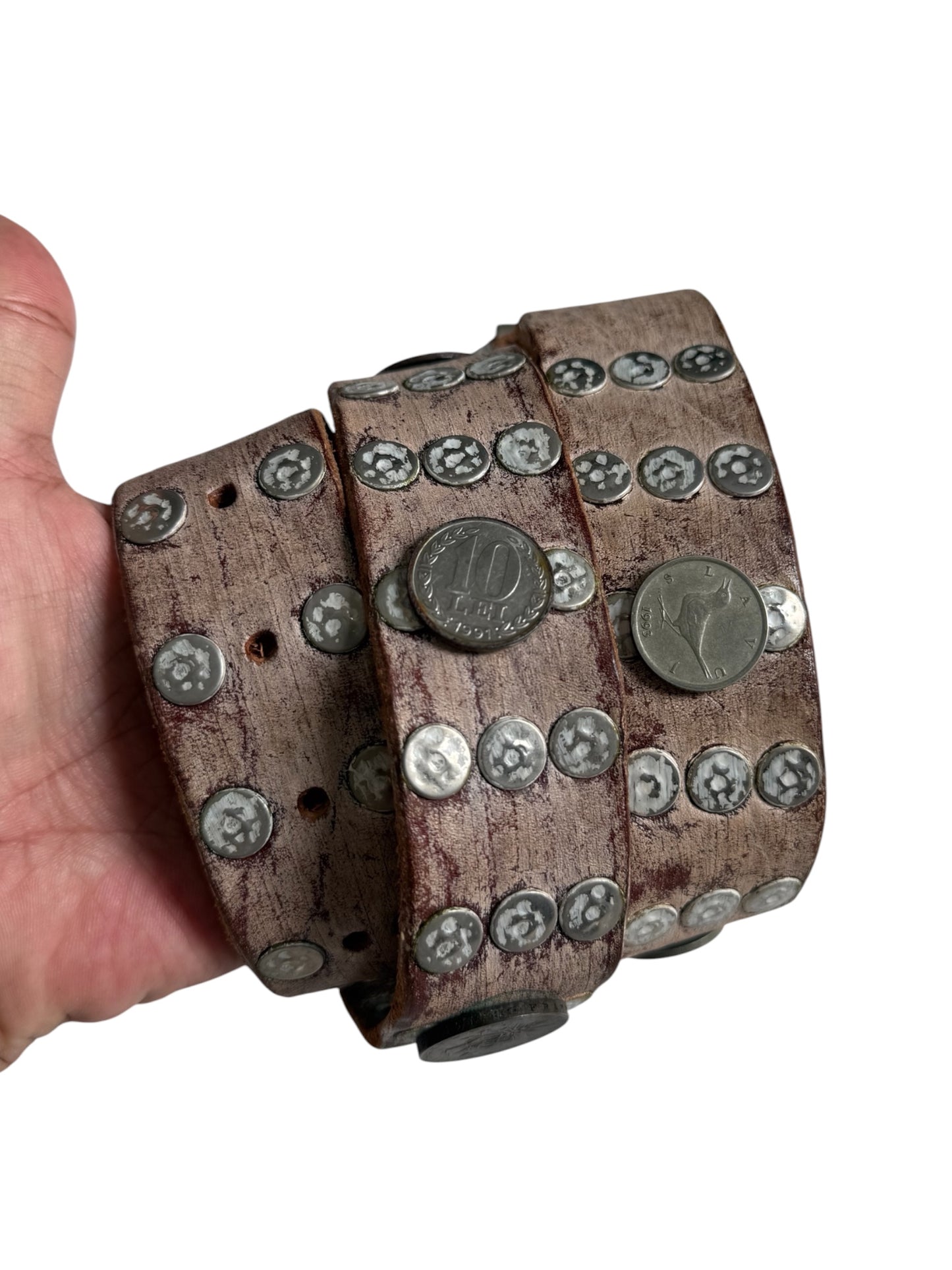 Handmade Distressed Leather Coin Studded Belt Mixed European Coins