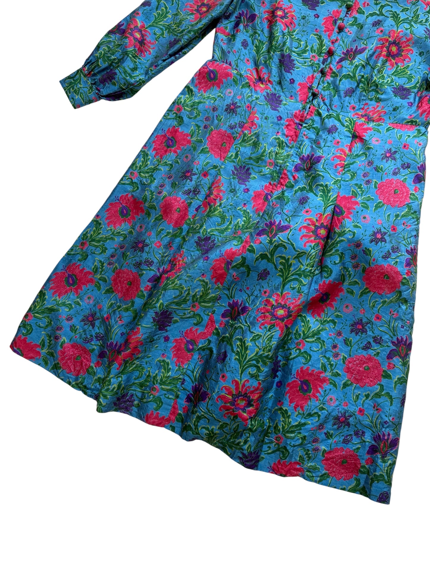 Vintage 1960s James Chen Hong Kong Blue Floral Mock Neck Midi Dress