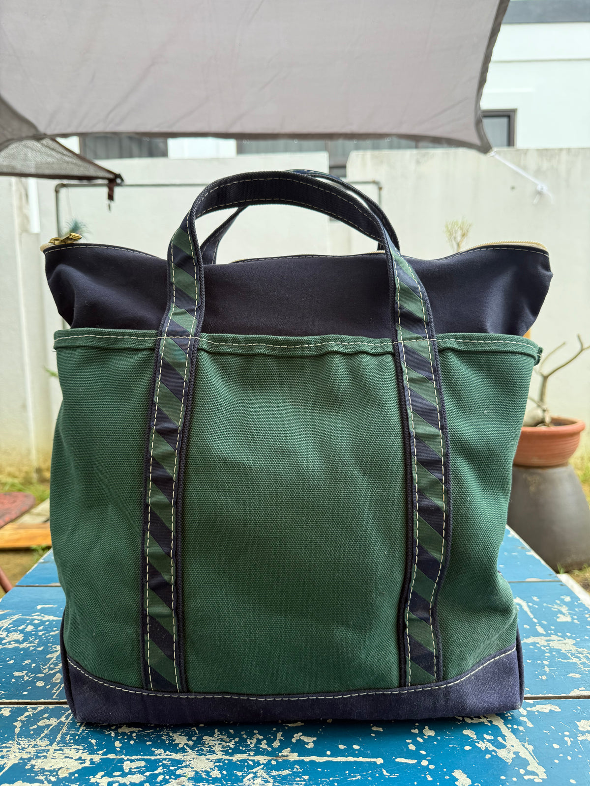 Vintage LL Bean Boat and Tote Zip Top Canvas Bag Dark Green Navy Trim