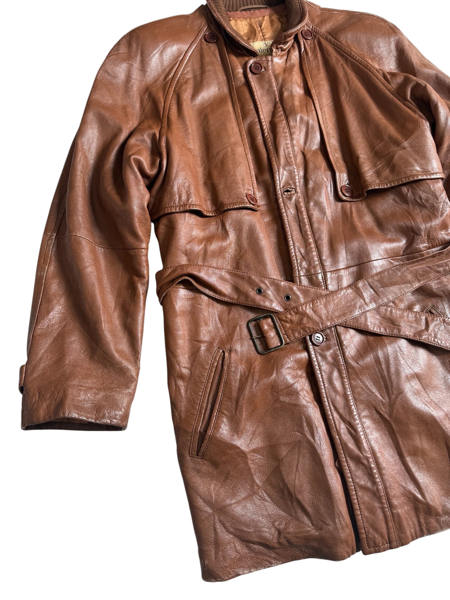 Vintage 1980s Valentino Pelle Brown Leather Belted Field Coat Made in Italy