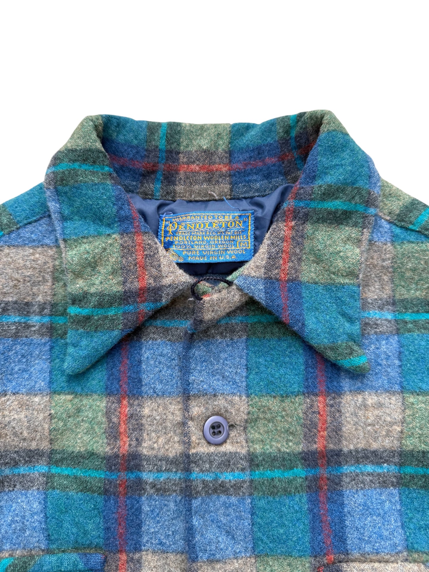 Vintage 1950s-60s Pendleton Wool Shirt Blue Green Plaid Loop Collar USA Made