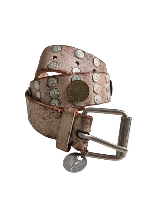 Handmade Distressed Leather Coin Studded Belt Mixed European Coins