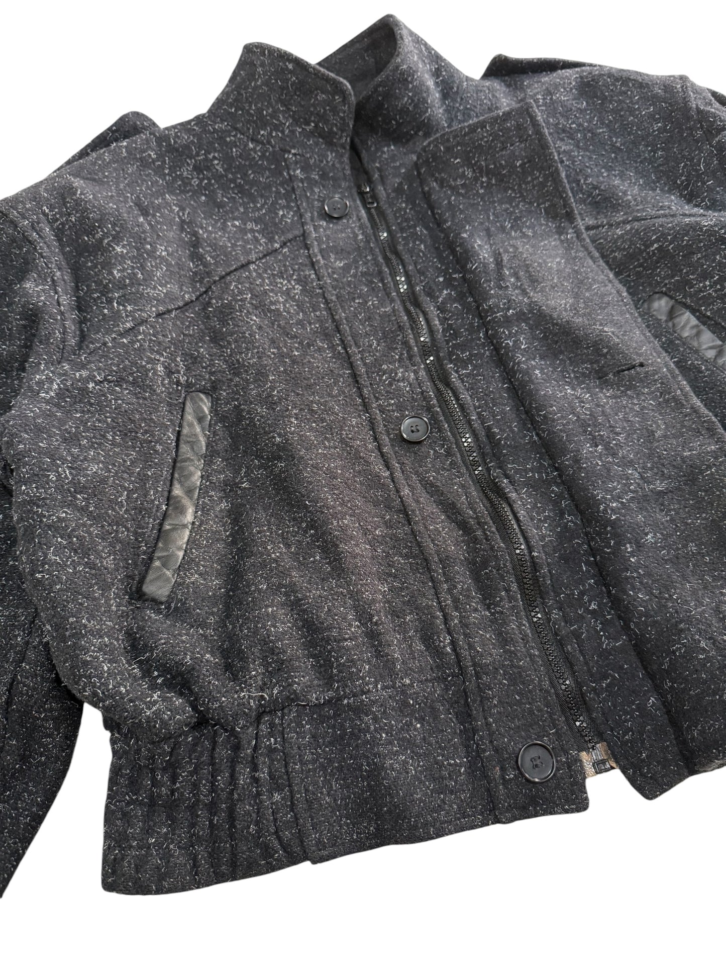 Vintage 80s Tweed Flight Bomber Jacket Salt & Pepper Men Zip Button Epaulets