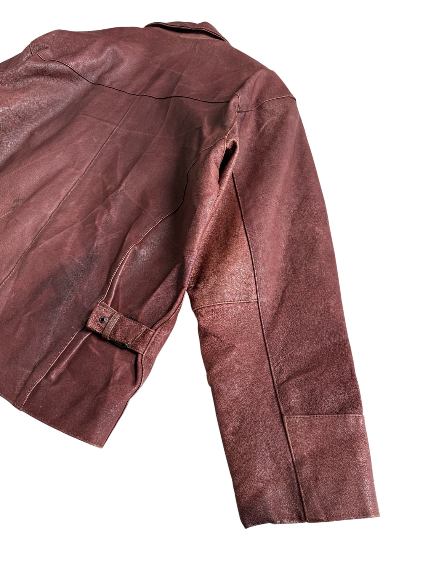 Vintage 80s 90s Mac Douglas Leather Jacket Plaid Lined Side Cinch Maroon Brown