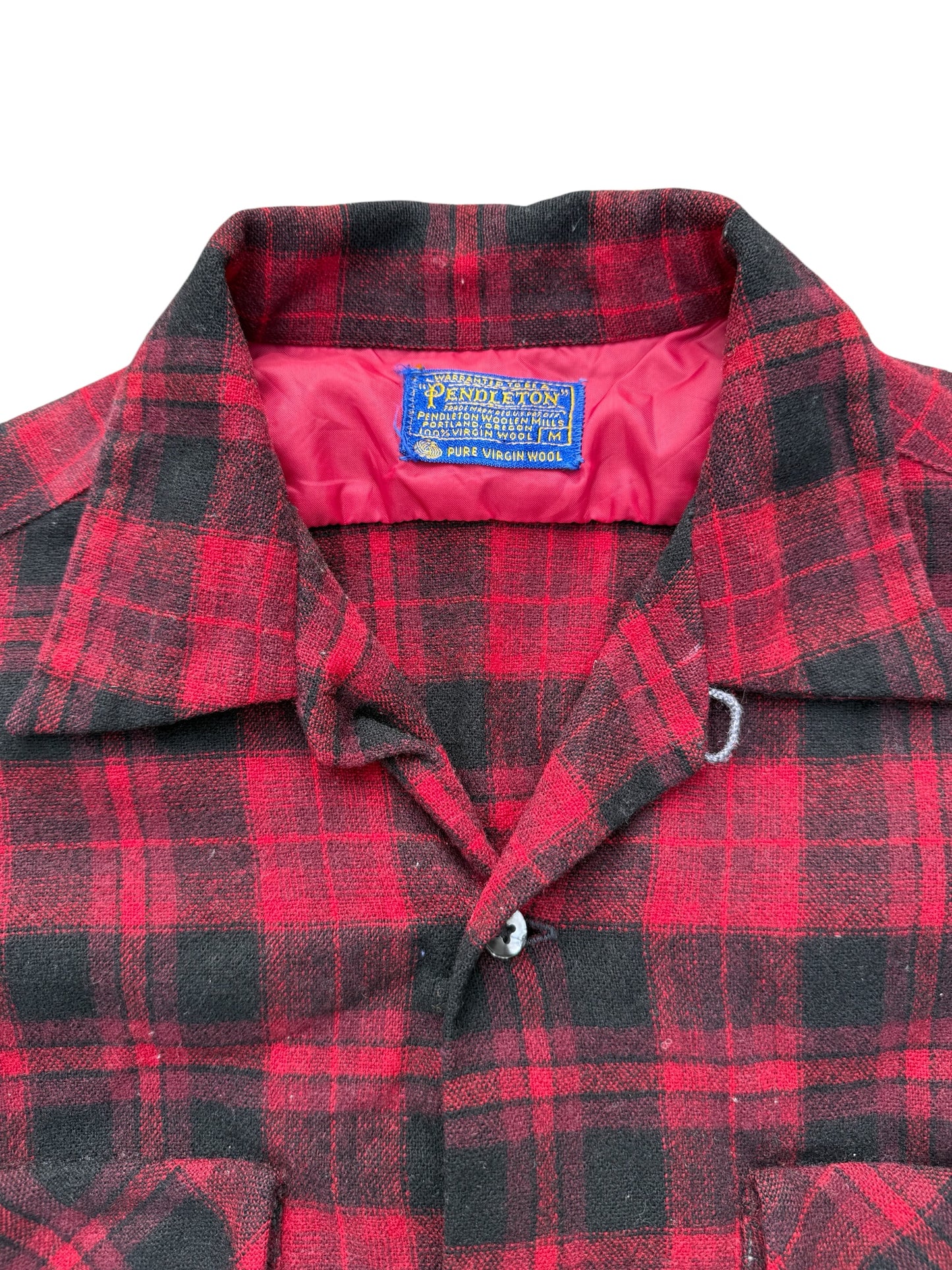 Vintage 1960s–70s Pendleton Red Black Plaid Virgin Wool Loop Collar Shirt Jacket USA