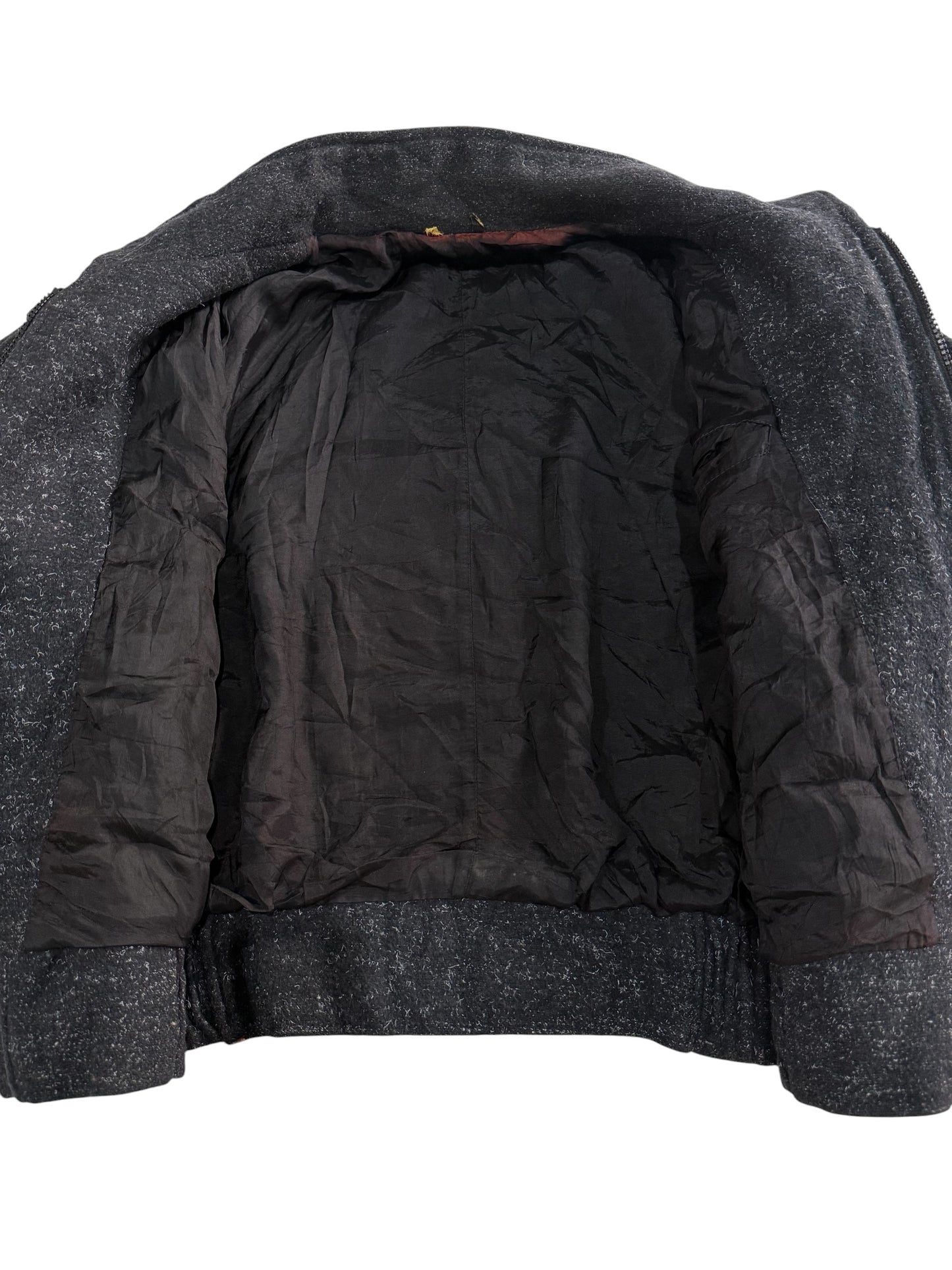 Vintage 80s Tweed Flight Bomber Jacket Salt & Pepper Men Zip Button Epaulets