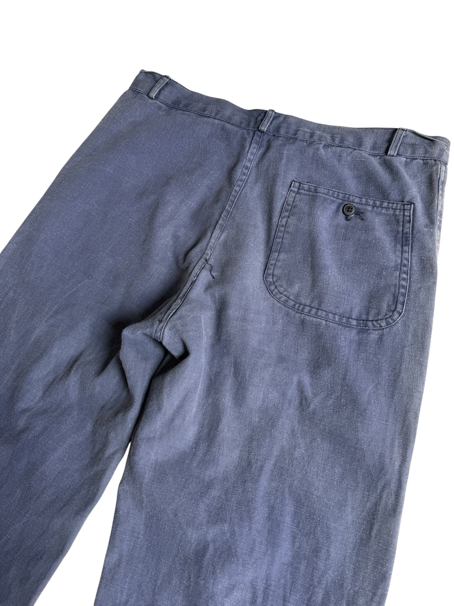 Vintage 1960s-70s French Dry Cotton Twill Work Pants Blue Utility Trousers