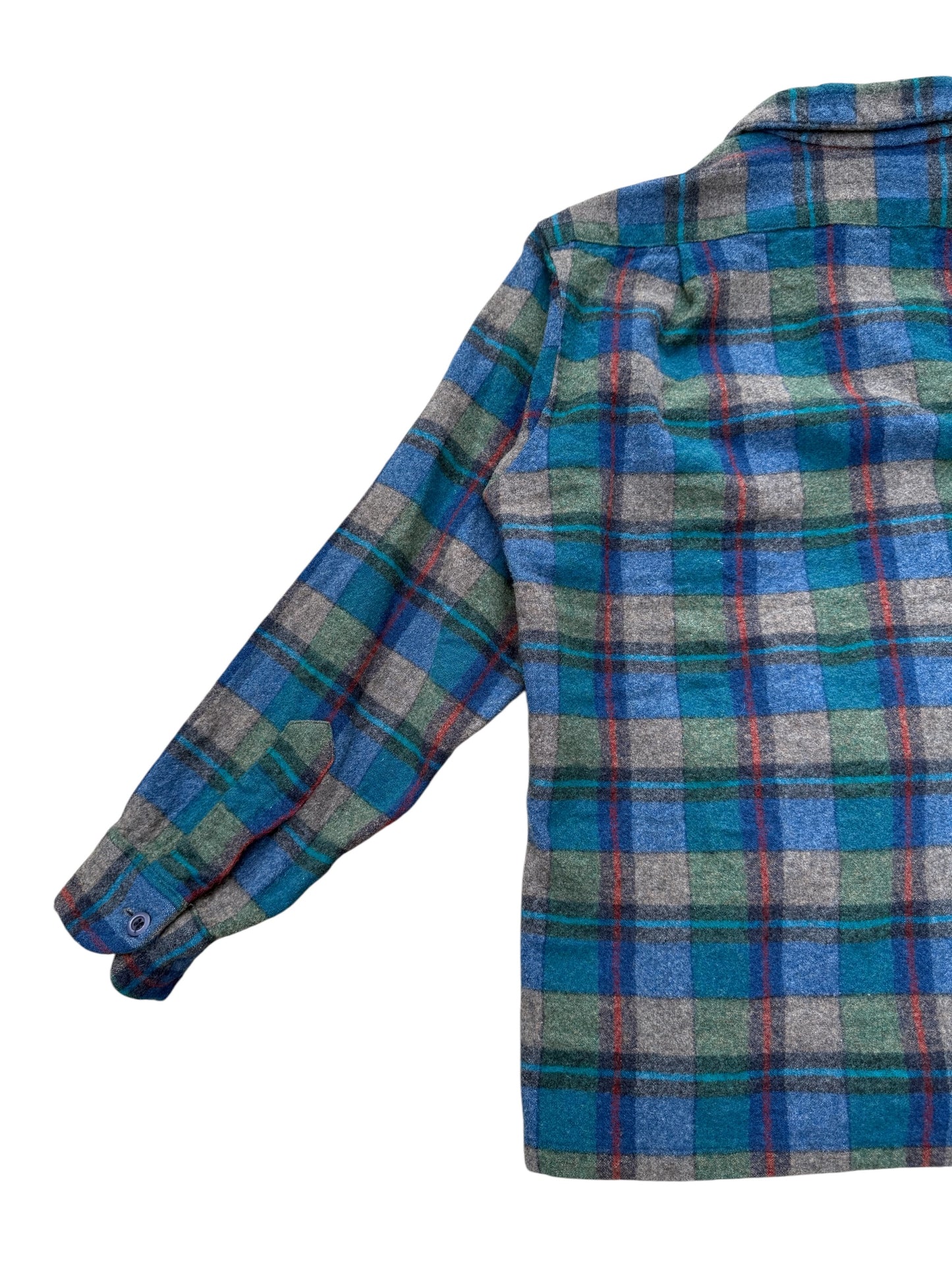 Vintage 1950s-60s Pendleton Wool Shirt Blue Green Plaid Loop Collar USA Made