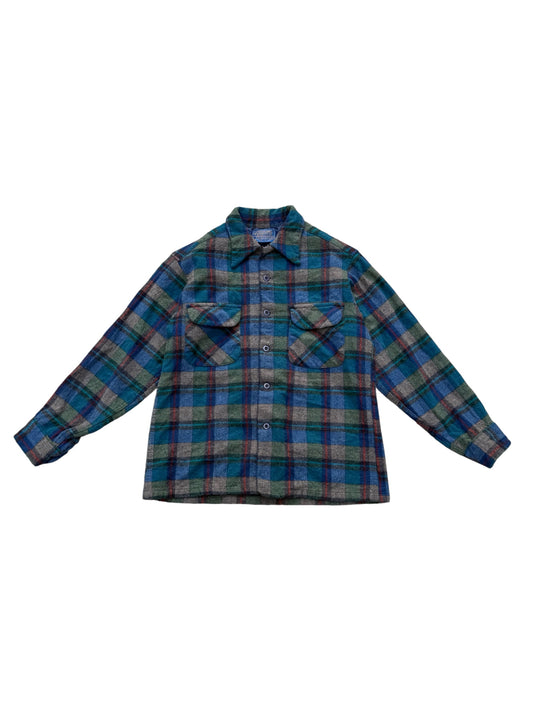 Vintage 1950s-60s Pendleton Wool Shirt Blue Green Plaid Loop Collar USA Made
