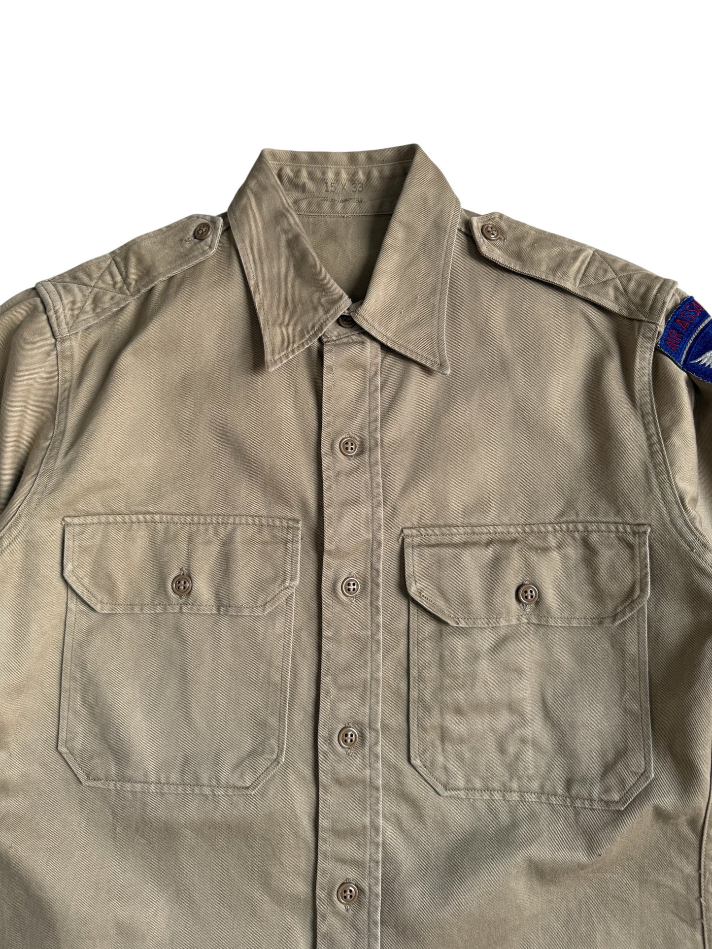 Vintage 1962 US Army Khaki Twill Uniform Shirt 11th Air Assault Division PFC Patch