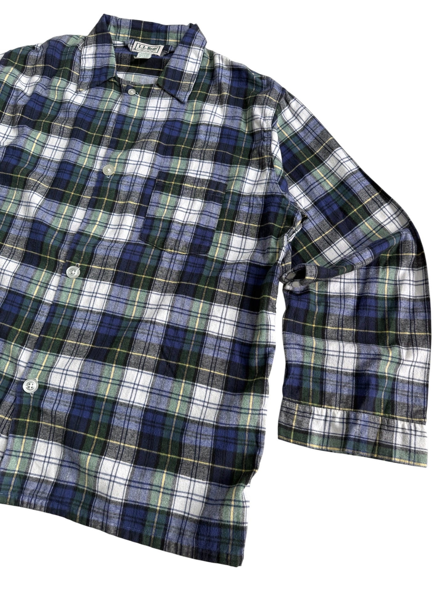 Vintage 1990s LL Bean Black Watch Plaid Flannel Pajama Shirt Made in USA