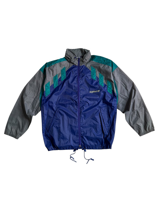 Vintage 1990s Adidas Windbreaker Jacket Packable Hood Color Block Blue Made in Morocco