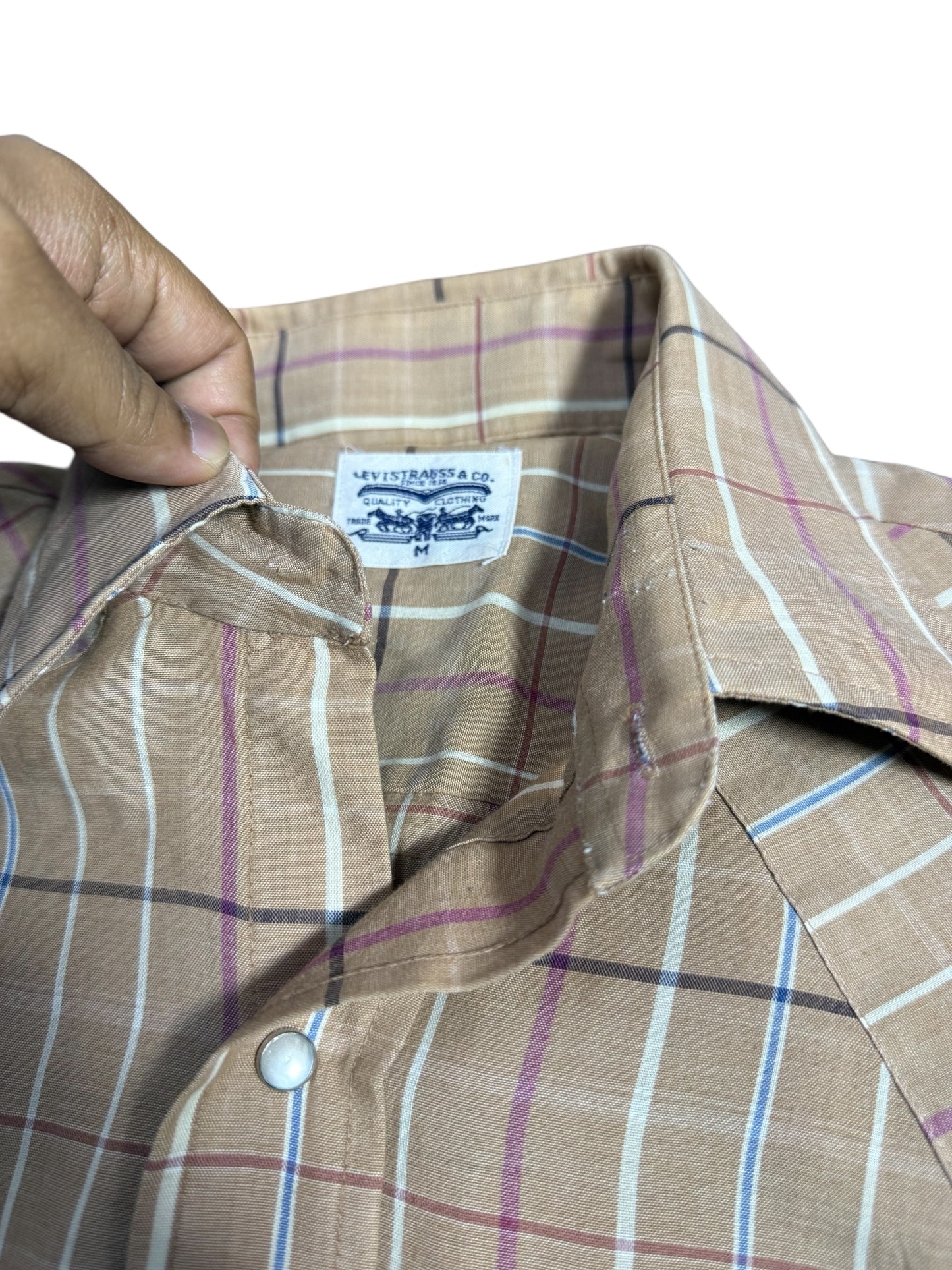 Vintage 1970s-80s Levis Plaid Western Shirt Tan Pearl Snap