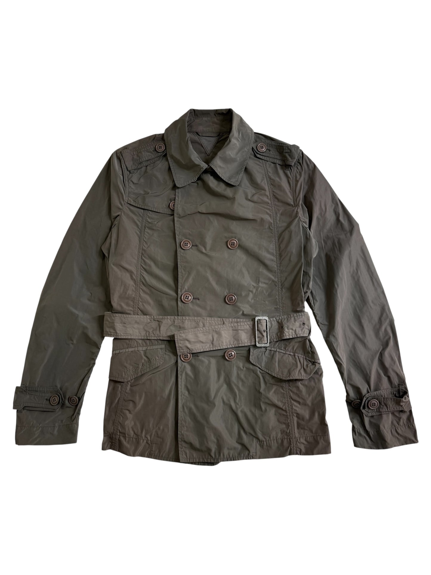 Diesel Lightweight Belted Trench Jacket Military Field Coat Olive Grey